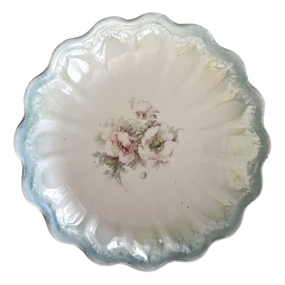 Vintage Shabby Chic Rose Bowl w/ Scalloped Edge Blue Iridescent & Faded Flowers - Picture 1 of 6